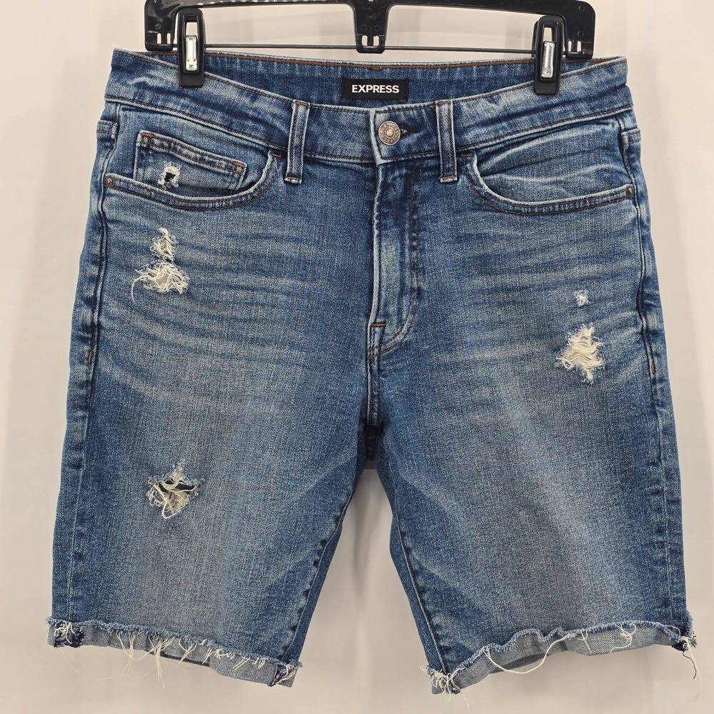 Express Jorts Mens 30 Slim Fit Distressed Denim Shorts Medium Wash Raw Hem